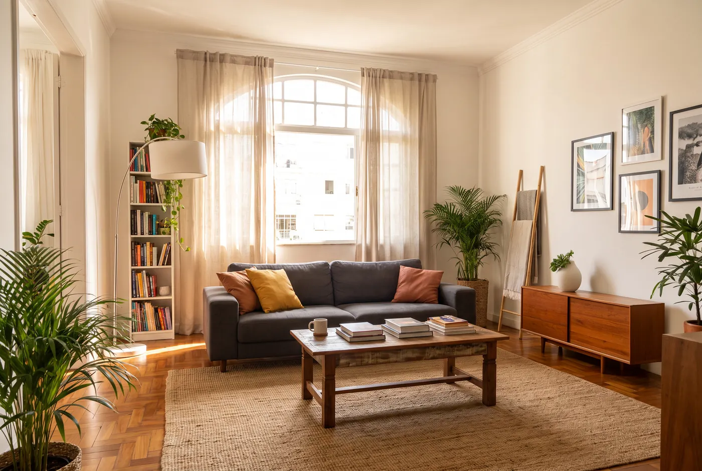 Depois: sala arrumada, sofá com almofadas, aparador, quadros na parede e plantas